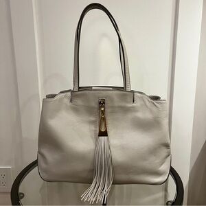 Brian Atwood Large Leather Tote in Grey Beige w/ Tassel & Hot Pink Lining